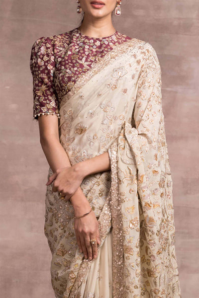 Tarun Tahiliani Embroidered Printed Saree In Silk Crepe With Contrasting Embroidered Blouse ivory bridal indian wedding designer wear online shopping melange singapore