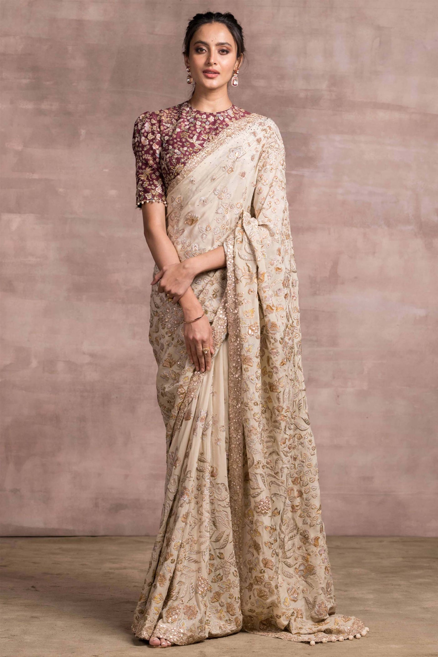 Tarun Tahiliani Embroidered Printed Saree In Silk Crepe With Contrasting Embroidered Blouse ivory bridal indian wedding designer wear online shopping melange singapore