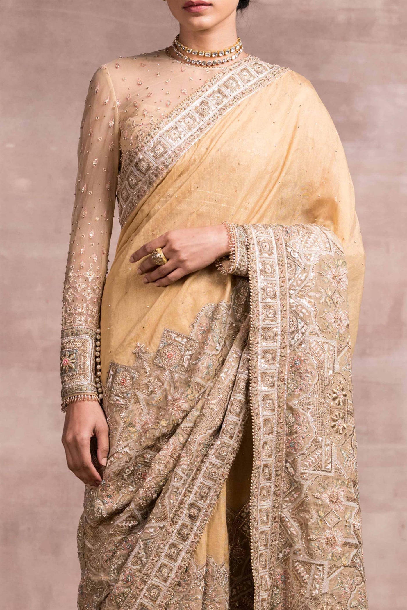 Tarun Tahiliani Embroidered Tissue And Brocade Saree With Matching Full Sleeves Blouse gold bridal indian wedding designer wear online shopping melange singapore