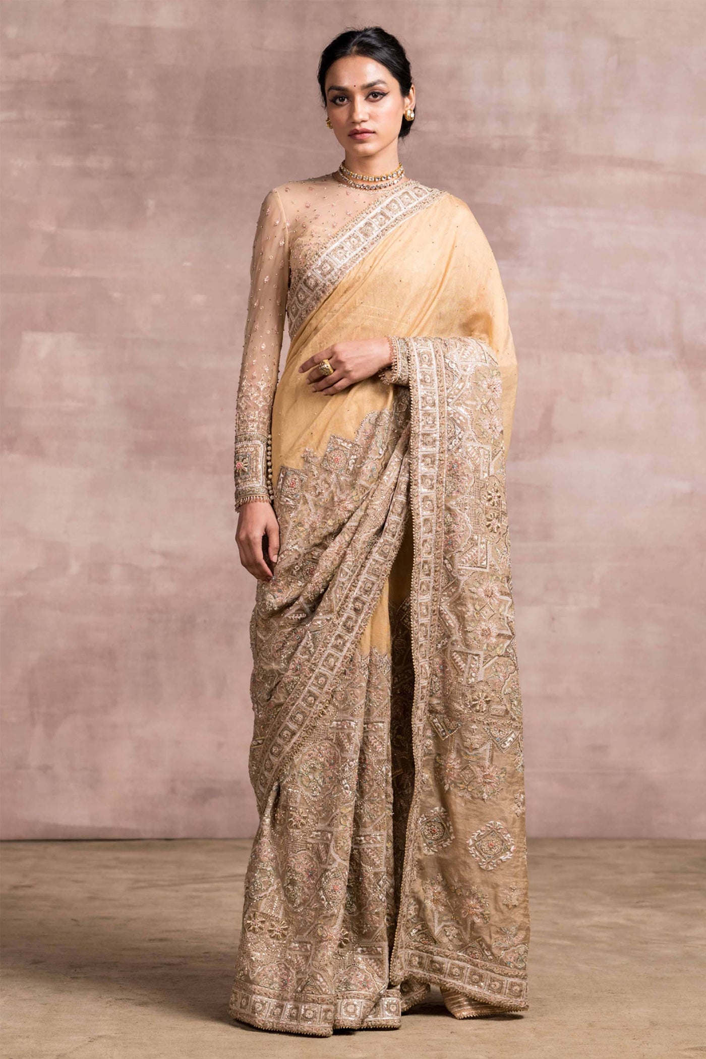 Tarun Tahiliani Embroidered Tissue And Brocade Saree With Matching Full Sleeves Blouse gold bridal indian wedding designer wear online shopping melange singapore