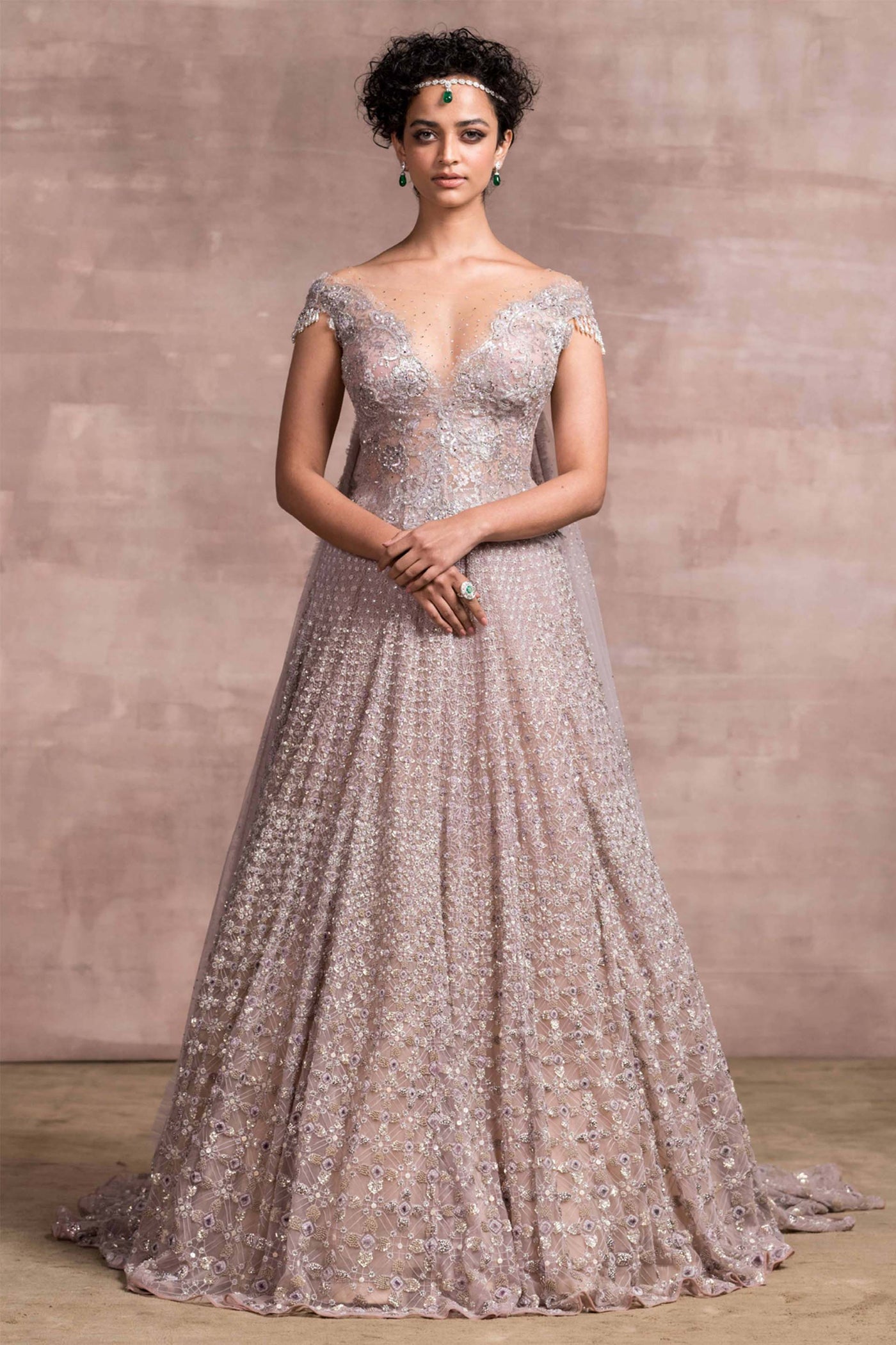 Embroidered Tulle Lehenga With Long Trail With Lace Blouse And Tulle Wings