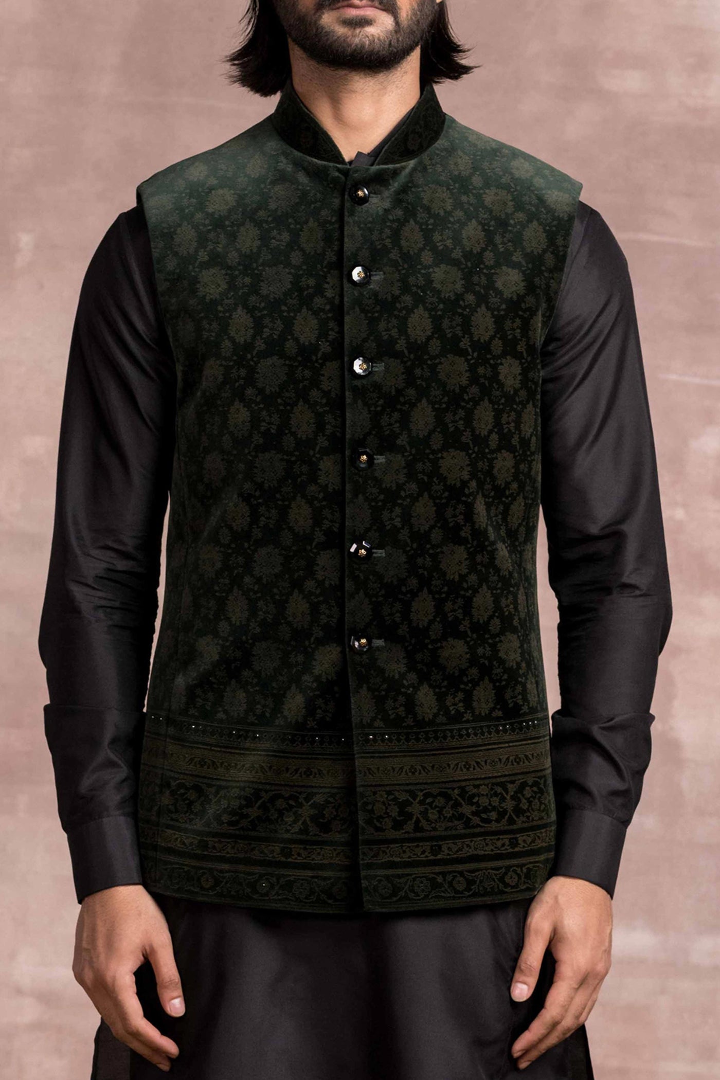 Tarun Tahiliani menswear Green Etched Cotton Velvet Bundi mens festive indian designer wear online shopping melange singapore