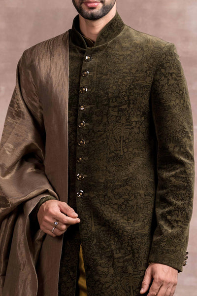 Tarun Tahiliani menswear Etched Cotton Velvet Sherwani green men festive indian designer wear online shopping melange singapore