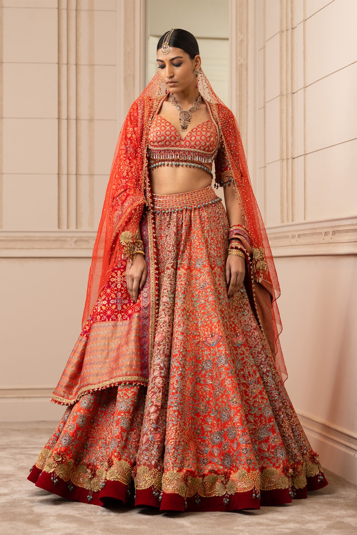 Tarun tahiliani Floral-Printed Lehenga With Badla Embroidery red online shopping melange singapore indian designer wear wedding bridal