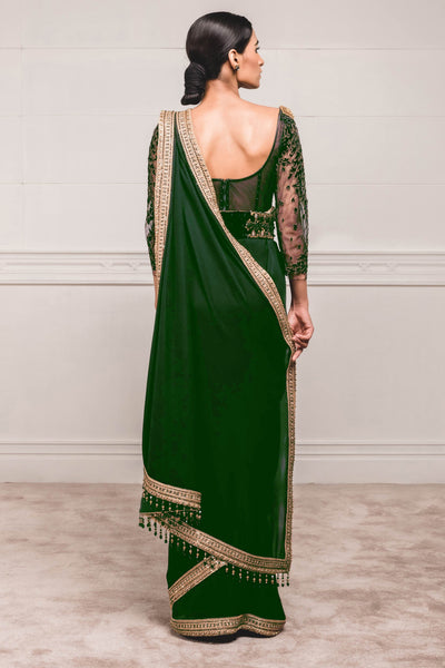 Emerald Georgette Saree With Velvet Appliqued Blouse.