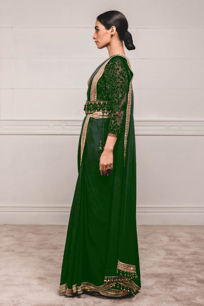 Emerald Georgette Saree With Velvet Appliqued Blouse.