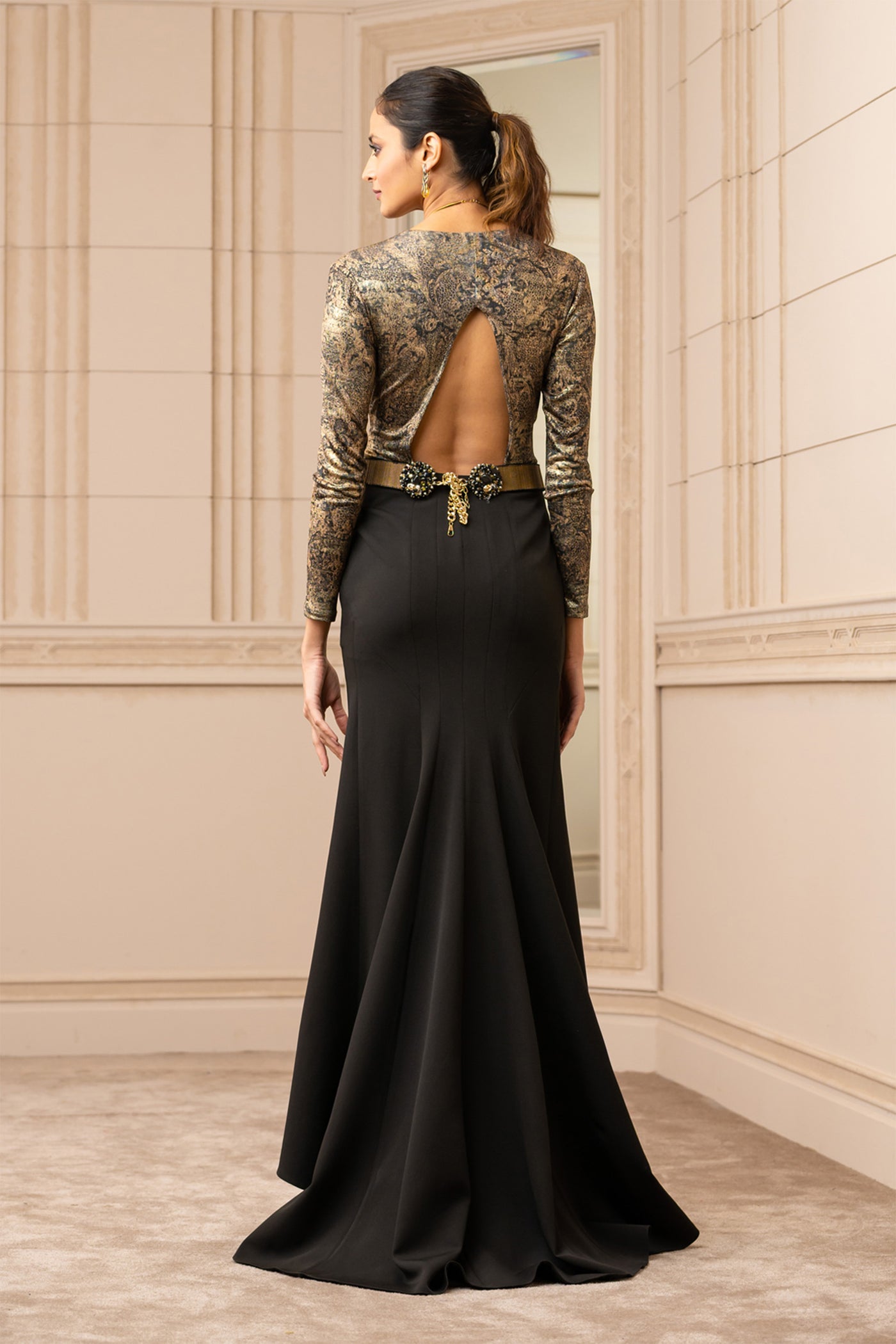 Tarun tahiliani Gold Foil Bodysuit With Fish-Cut Skirt black online shopping melange singapore indian designer wear