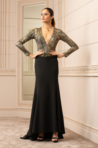 Tarun tahiliani Gold Foil Bodysuit With Fish-Cut Skirt black online shopping melange singapore indian designer wear