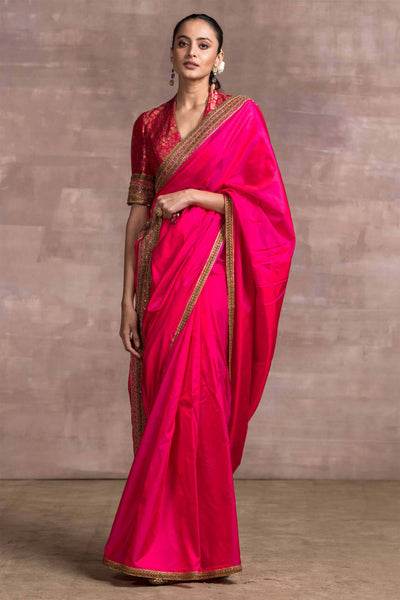 Tarun Tahiliani Hand-Embroidered Saree In Shot Silk With Brocade Blouse pink festive indian designer wear online shopping melange singapore