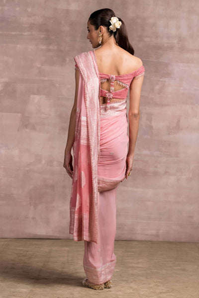 Tarun Tahiliani Handloom Concept Saree With Crystal Embellished Off-Shoulder Blouse pink festive fusion indian designer wear online shopping melange singapore