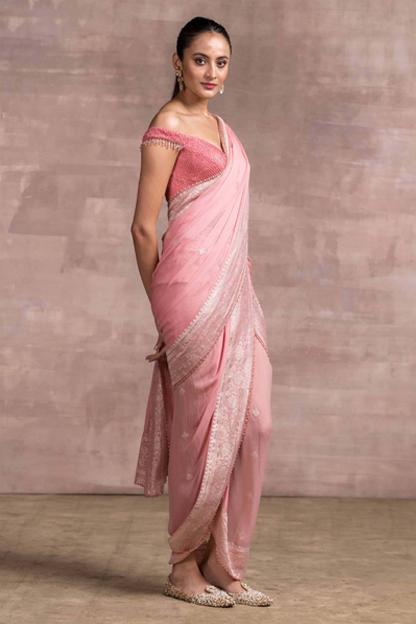 Tarun Tahiliani Handloom Concept Saree With Crystal Embellished Off-Shoulder Blouse pink festive fusion indian designer wear online shopping melange singapore