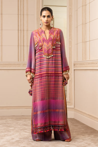 Tarun Tahiliani Handloom Long Kurta With Kantha Embroidery pink purple online shopping melange singapore indian designer wear