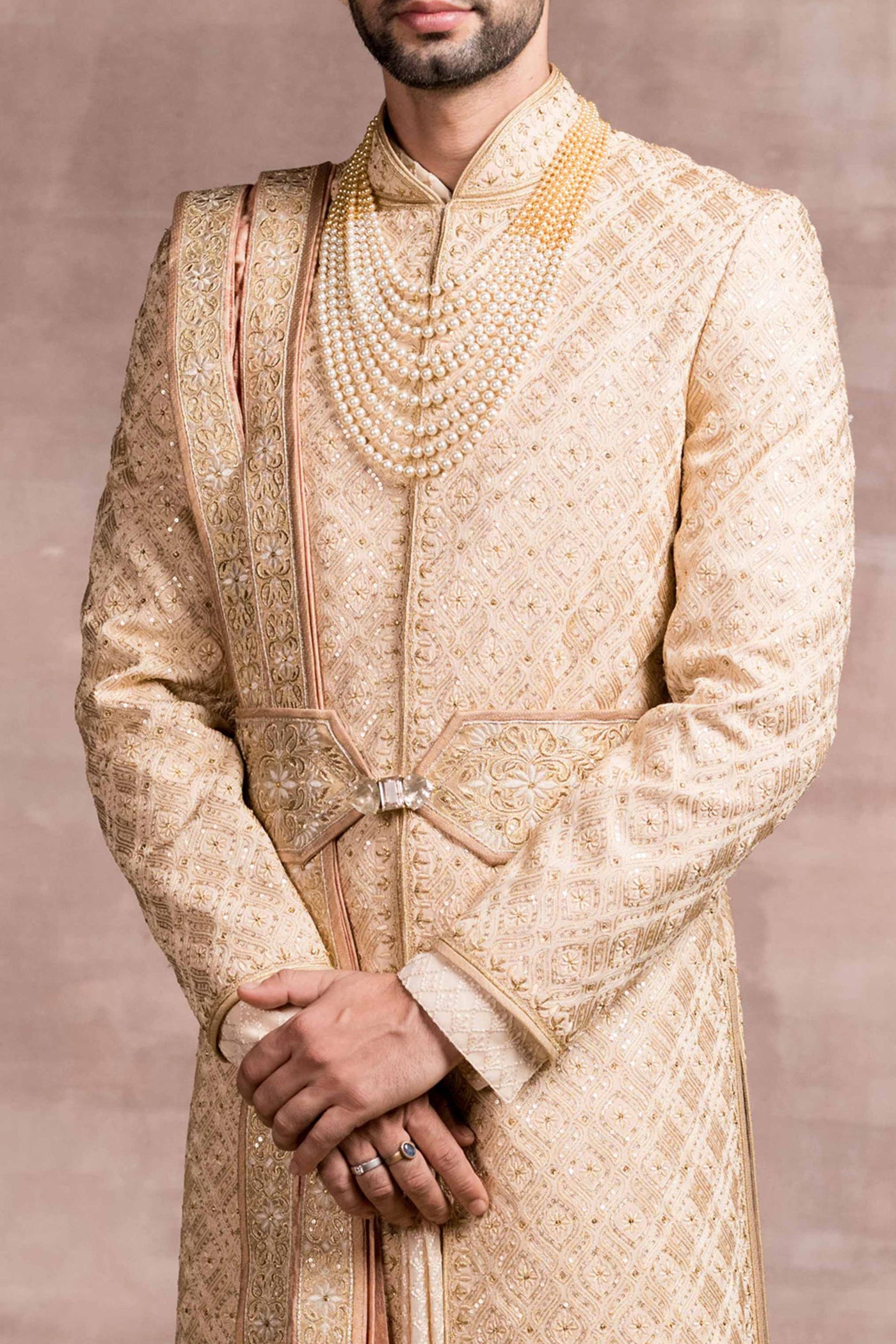 Tarun Tahiliani menswear Heavy Georgette Aari Embroidered Sherwani gold indian wedding designer wear groom online shopping melange singapore