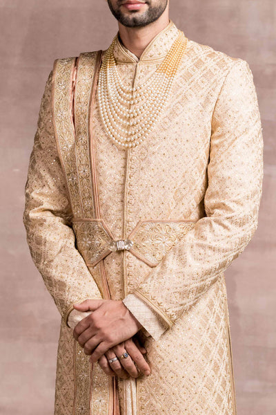 Tarun Tahiliani menswear Heavy Georgette Aari Embroidered Sherwani gold indian wedding designer wear groom online shopping melange singapore
