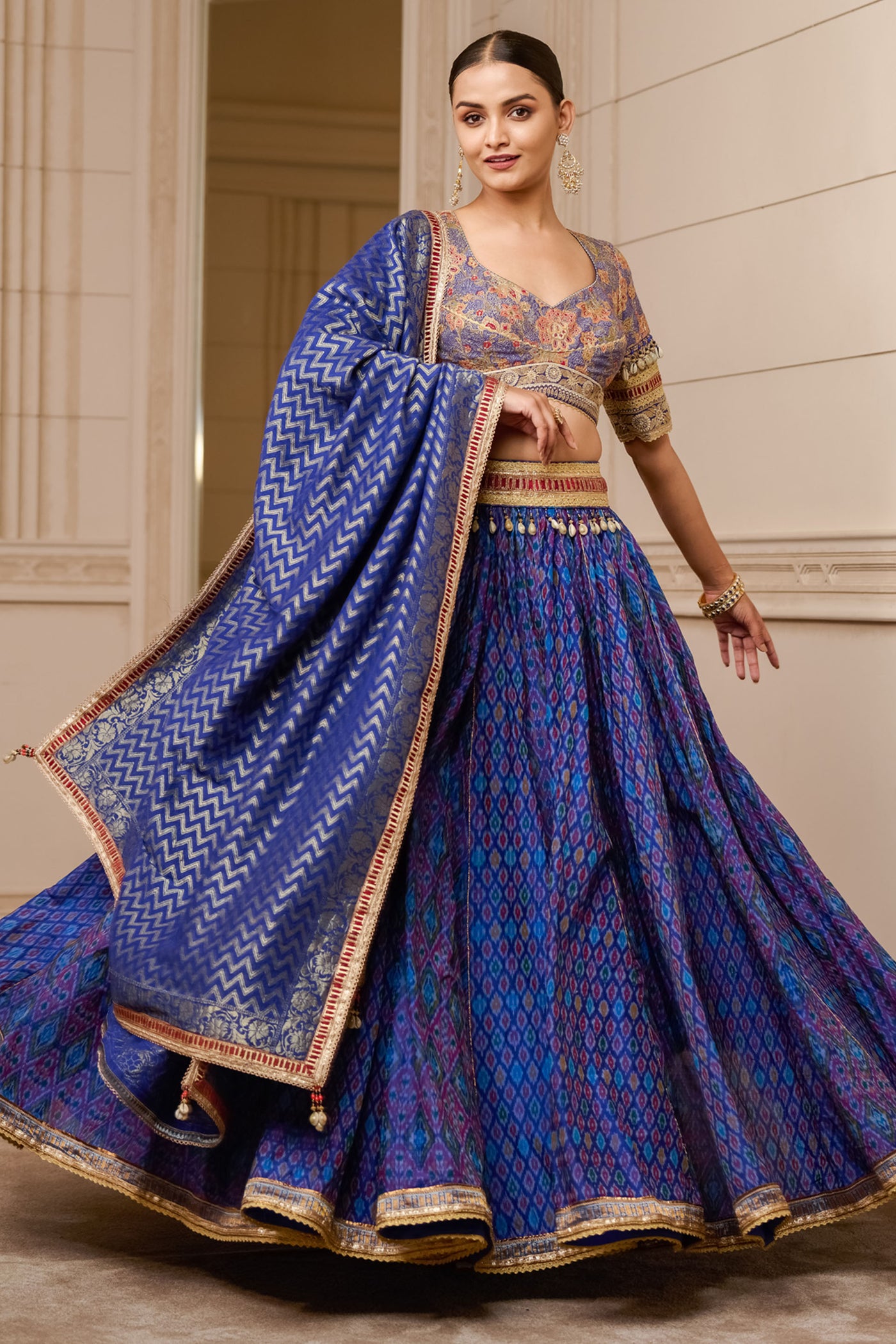 Tarun Tahiliani Ikat Lehenga Blouse And Dupatta blue festive indian designer wear online shopping melange singapore