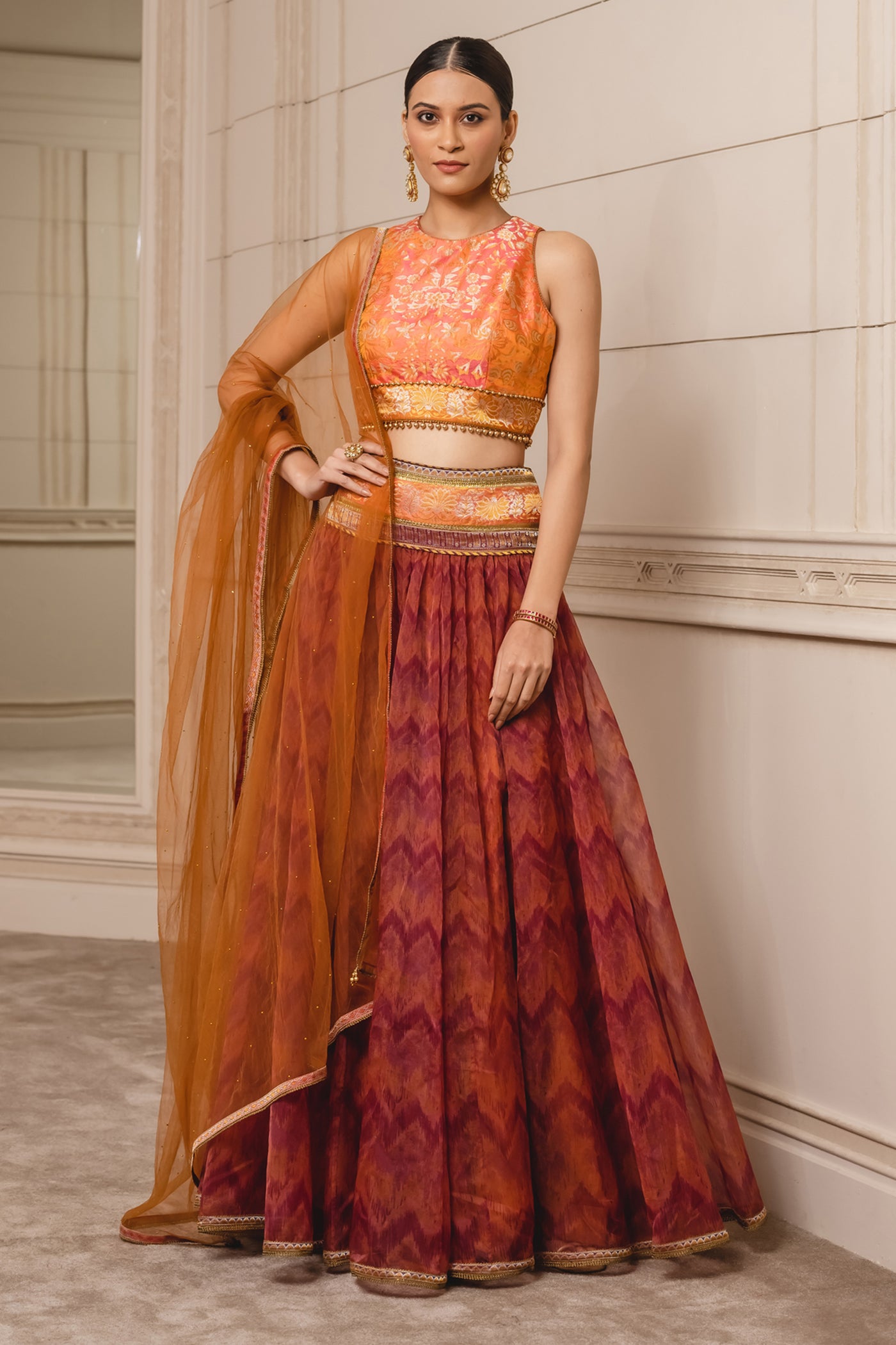 Tarun tahiliani Ikat Lehenga Blouse And Dupatta rust festive indian designer wear online shopping melange singapore