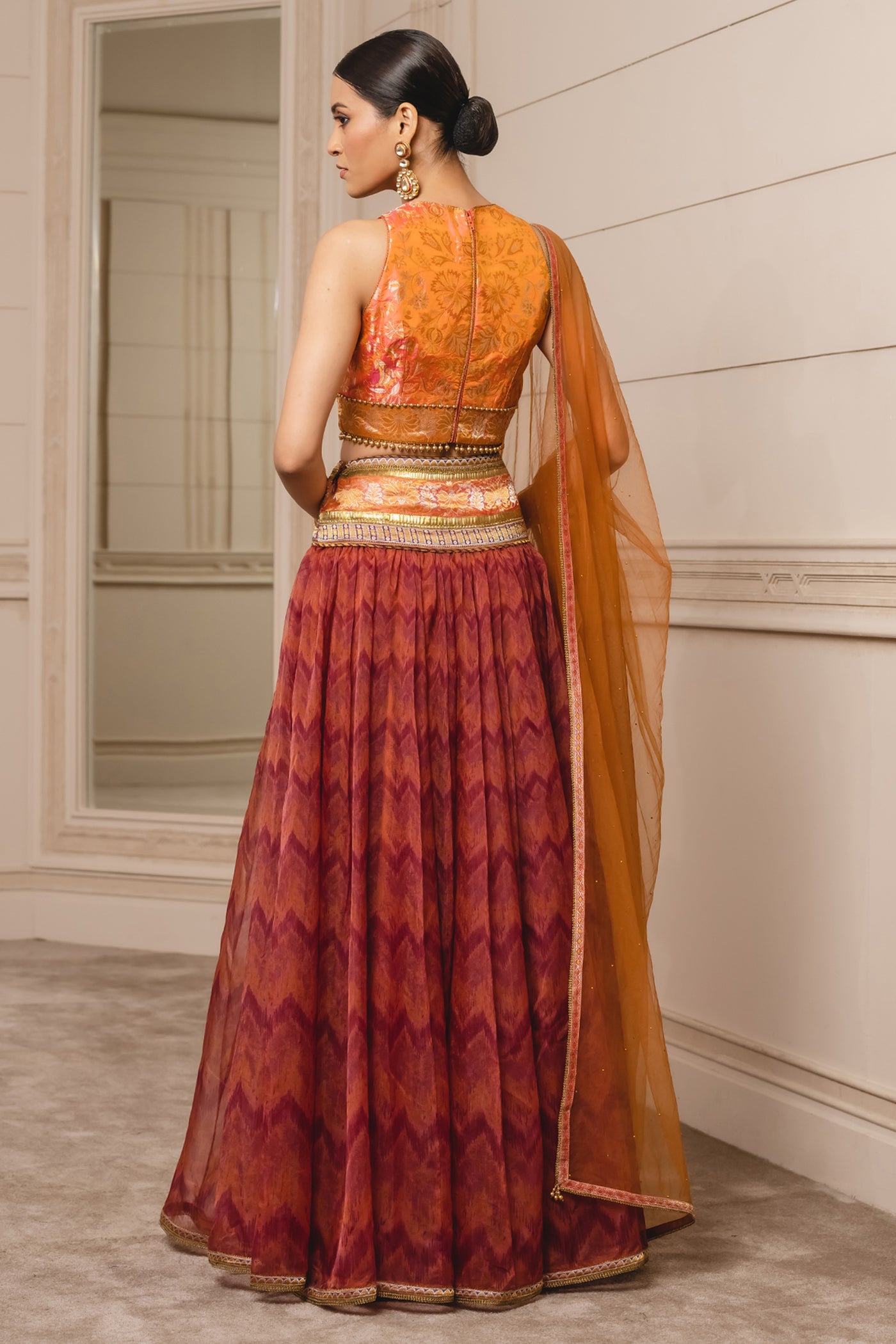 Tarun tahiliani Ikat Lehenga Blouse And Dupatta rust festive indian designer wear online shopping melange singapore