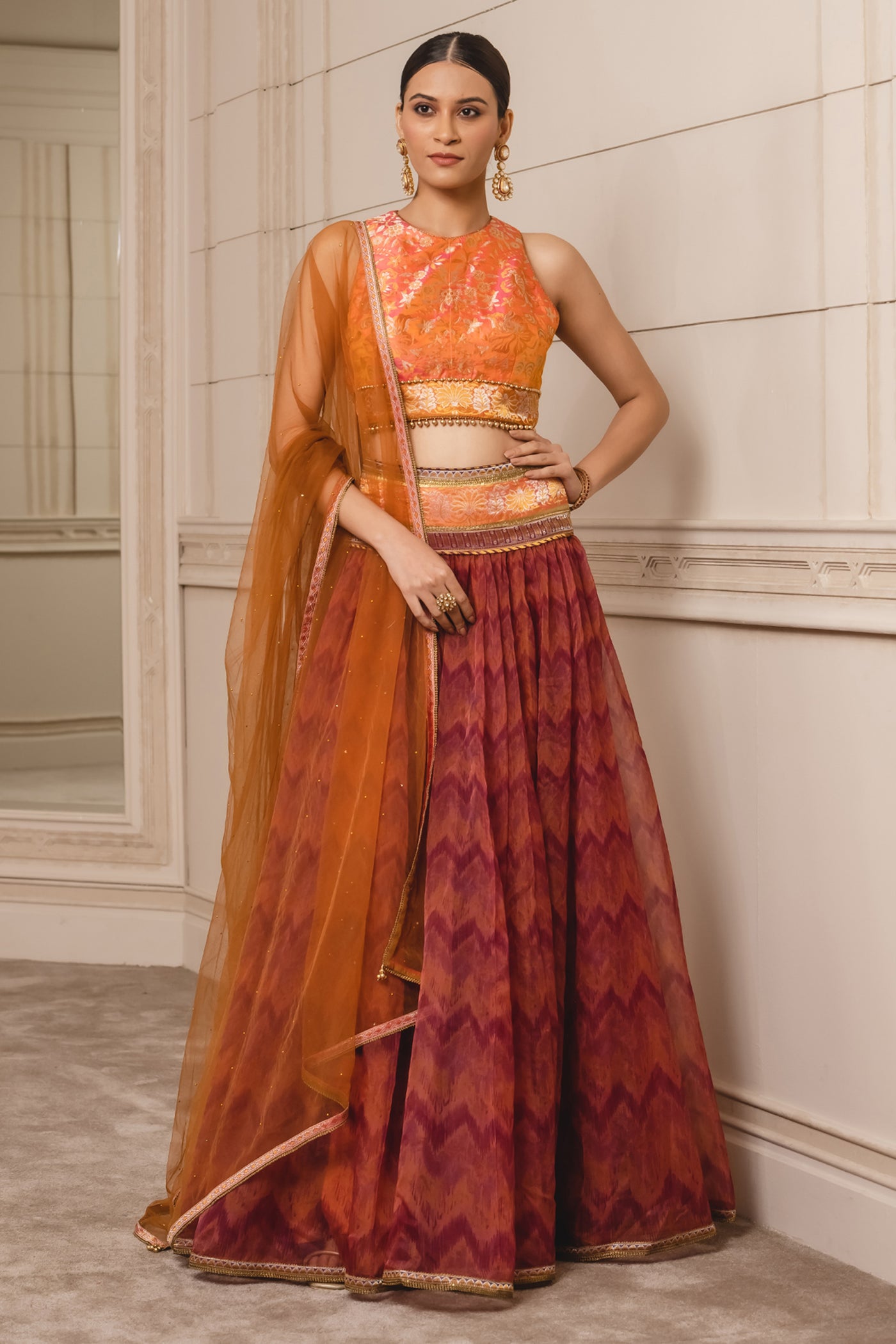 Tarun tahiliani Ikat Lehenga Blouse And Dupatta rust festive indian designer wear online shopping melange singapore