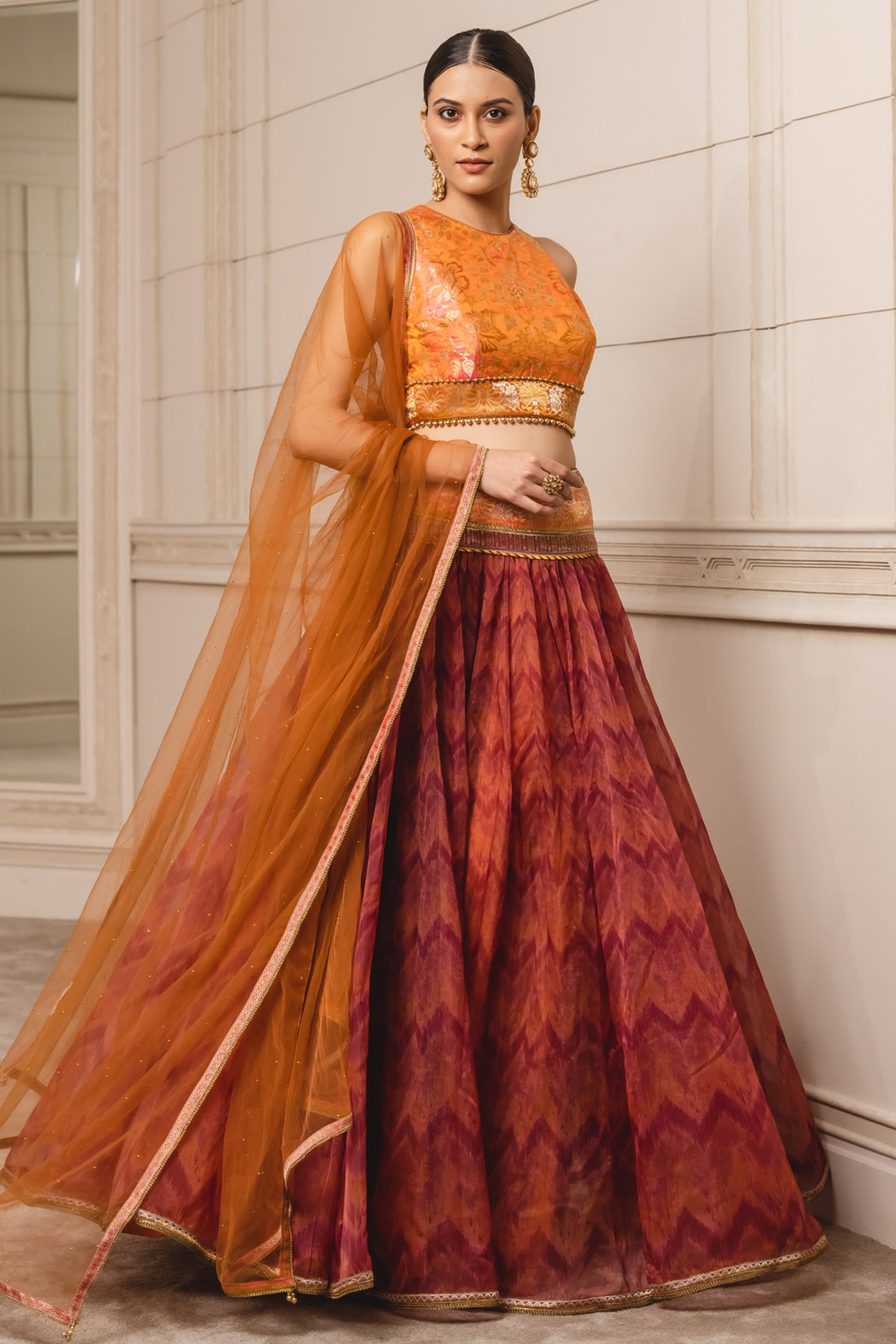 Tarun tahiliani Ikat Lehenga Blouse And Dupatta rust festive indian designer wear online shopping melange singapore