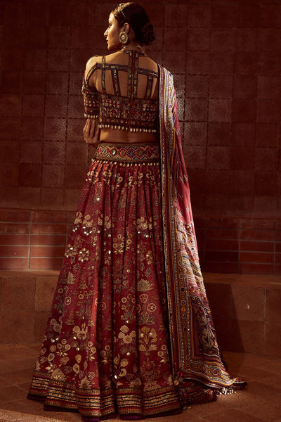 Tarun Tahiliani Kalidar Printed Lehenga With Mirror And Resham-Embroidered Panels And Gota Border, Paired With Hand-Embroidered Bandage Blouse And Dupatta red festive indian designer wear online shopping melange singapore