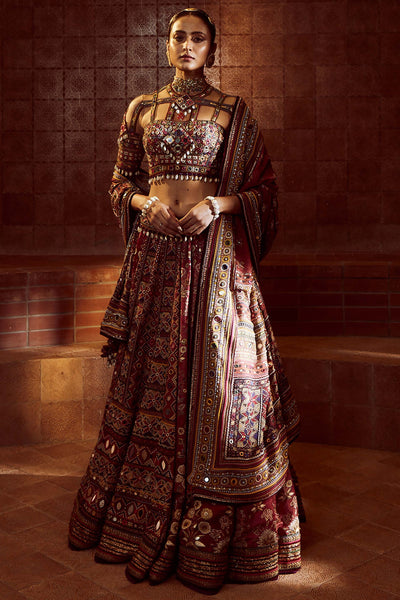 Tarun Tahiliani Kalidar Printed Lehenga With Mirror And Resham-Embroidered Panels And Gota Border, Paired With Hand-Embroidered Bandage Blouse And Dupatta red festive indian designer wear online shopping melange singapore 