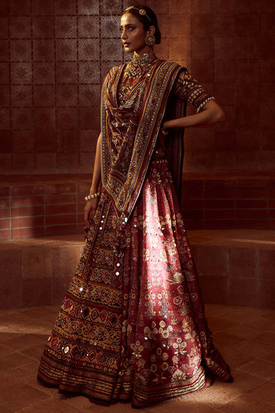 Tarun Tahiliani Kalidar Printed Lehenga With Mirror And Resham-Embroidered Panels And Gota Border, Paired With Hand-Embroidered Bandage Blouse And Dupatta red festive indian designer wear online shopping melange singapore
