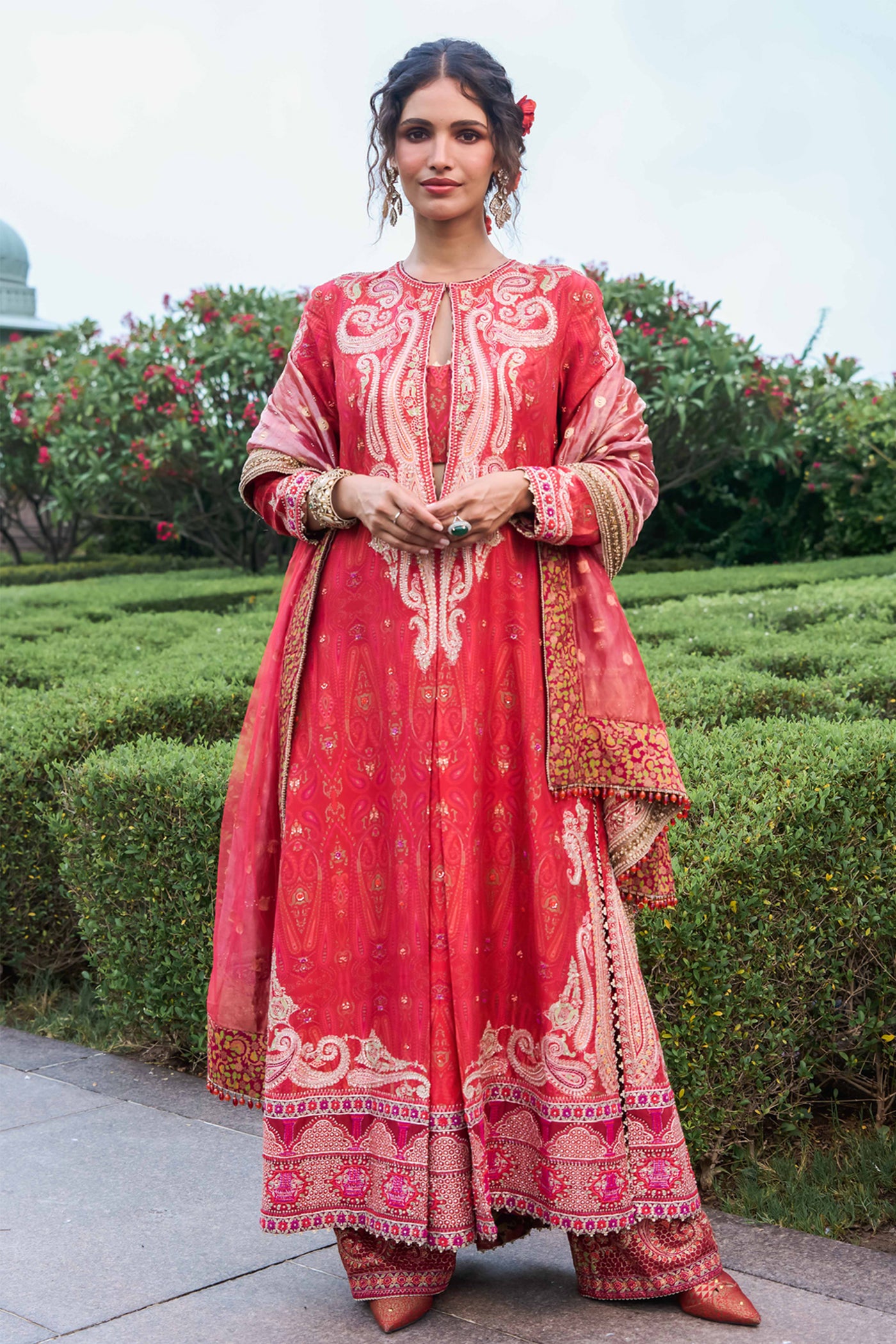 Tarun Tahiliani Kashida Kurta Trousers And Dupatta red festive indian designer wear online shopping melange singapore