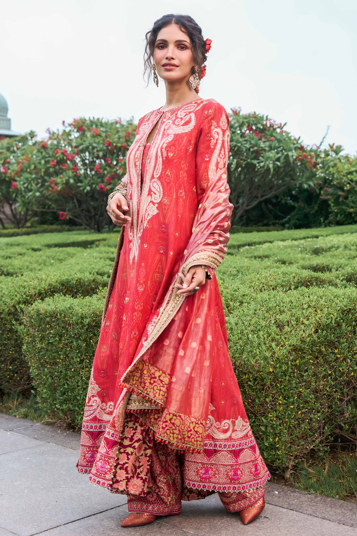 Tarun Tahiliani Kashida Kurta Trousers And Dupatta red festive indian designer wear online shopping melange singapore