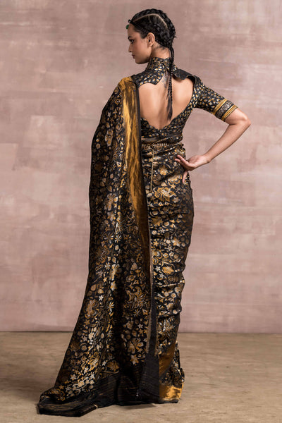 Tarun Tahiliani Kashmir Brocade Saree With Zardosi Border And Unstitched Blouse Black festive occasion indian designer wear online shopping melange singapore