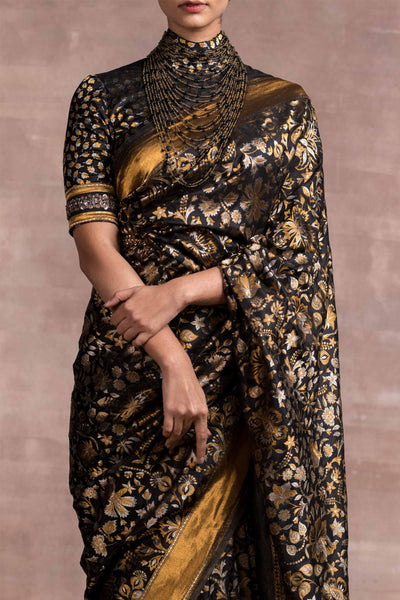 Tarun Tahiliani Kashmir Brocade Saree With Zardosi Border And Unstitched Blouse Black festive occasion indian designer wear online shopping melange singapore