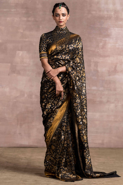 Tarun Tahiliani Kashmir Brocade Saree With Zardosi Border And Unstitched Blouse Black festive occasion indian designer wear online shopping melange singapore