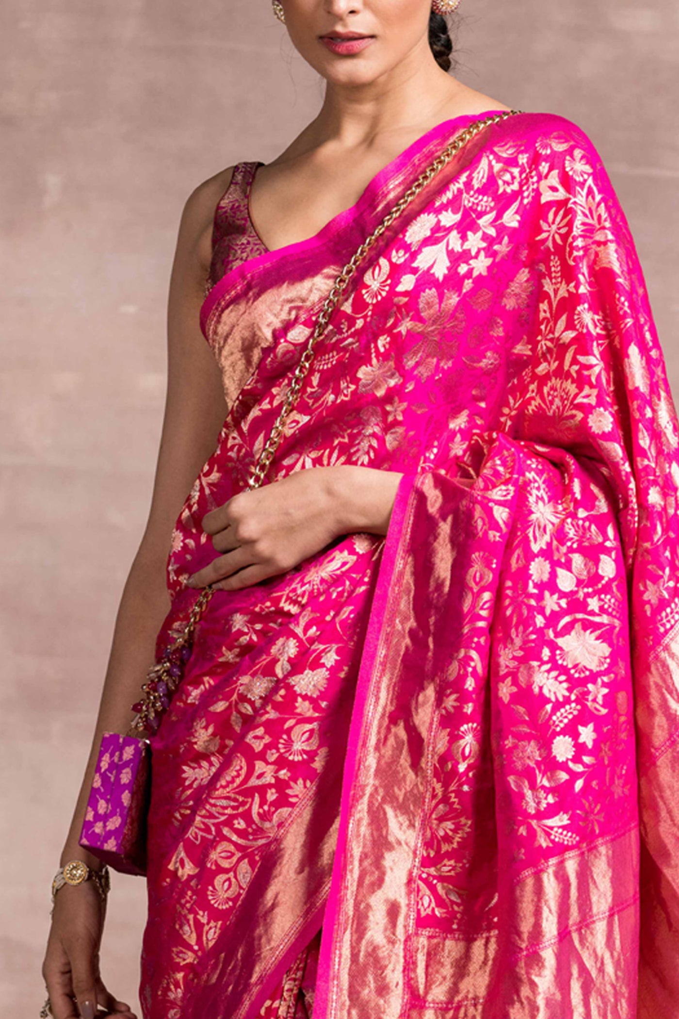 Tarun Tahiliani Kashmir Brocade Saree With Zardosi Border And Unstitched Blouse fuchsia pink festive occasion indian designer wear online shopping melange singapore
