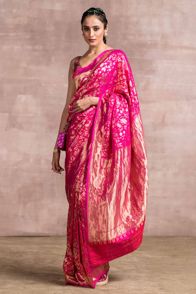 Tarun Tahiliani Kashmir Brocade Saree With Zardosi Border And Unstitched Blouse fuchsia pink festive occasion indian designer wear online shopping melange singapore