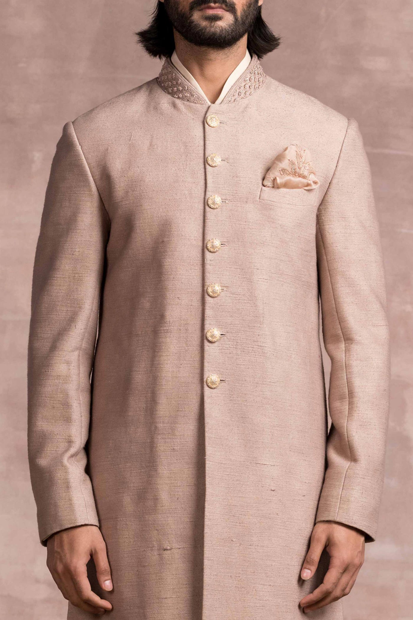 Tarun Tahiliani Khadi Sherwani With Hand Embroidered Collar taupe menswear men festive indian designer wear online shopping melange singapore