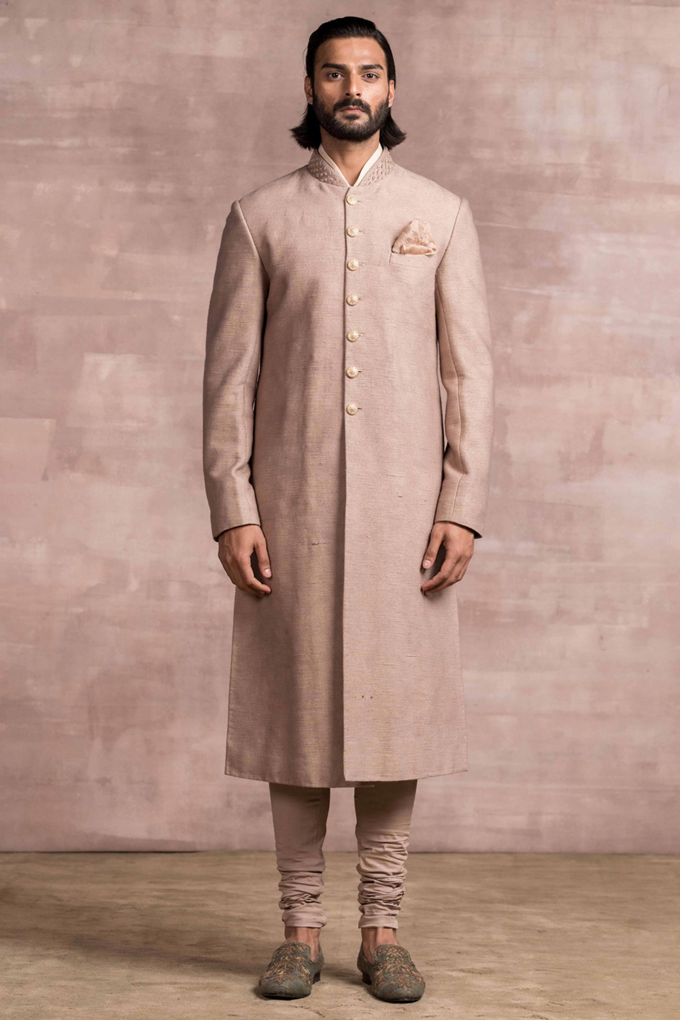 Tarun Tahiliani Khadi Sherwani With Hand Embroidered Collar taupe menswear men festive indian designer wear online shopping melange singapore