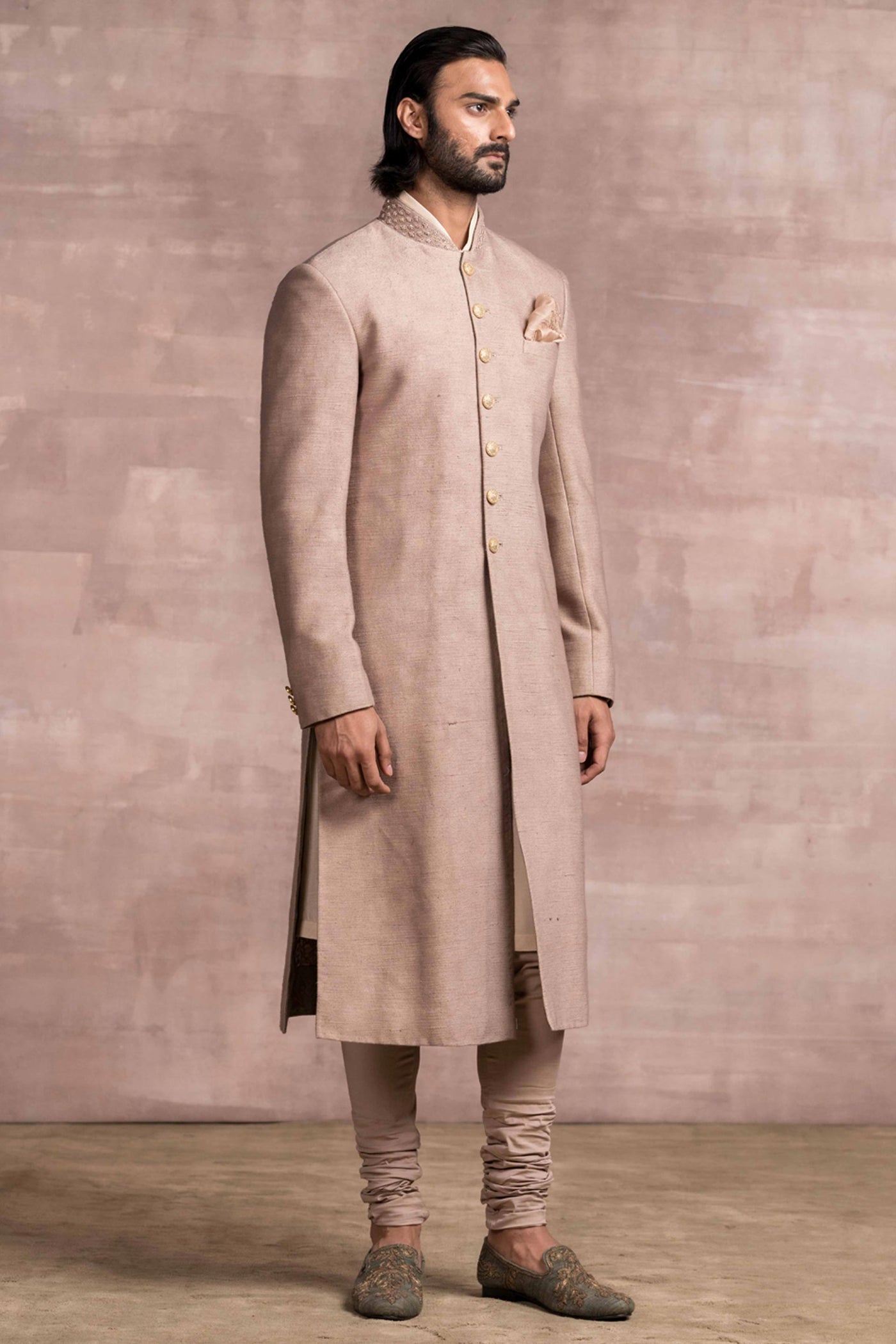 Tarun Tahiliani Khadi Sherwani With Hand Embroidered Collar taupe menswear men festive indian designer wear online shopping melange singapore