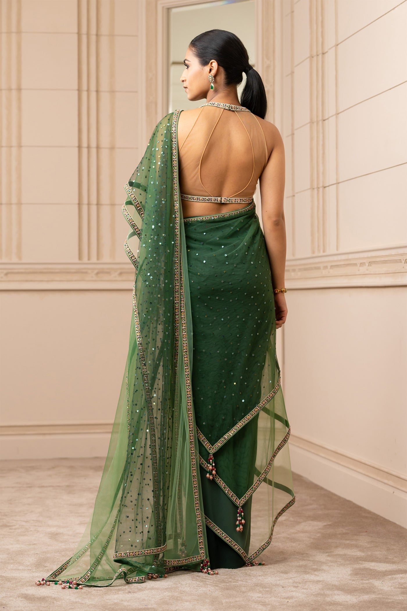 Tarun Tahiliani Layered Drape With Skirt And Fluted Blouse green online shopping melange singapore indian designer wear
