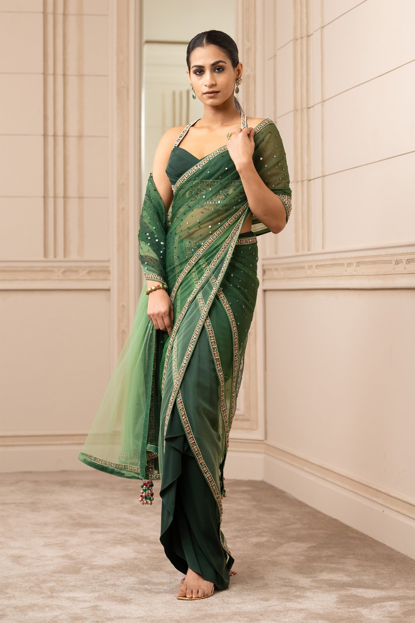 Tarun Tahiliani Layered Drape With Skirt And Fluted Blouse green online shopping melange singapore indian designer wear