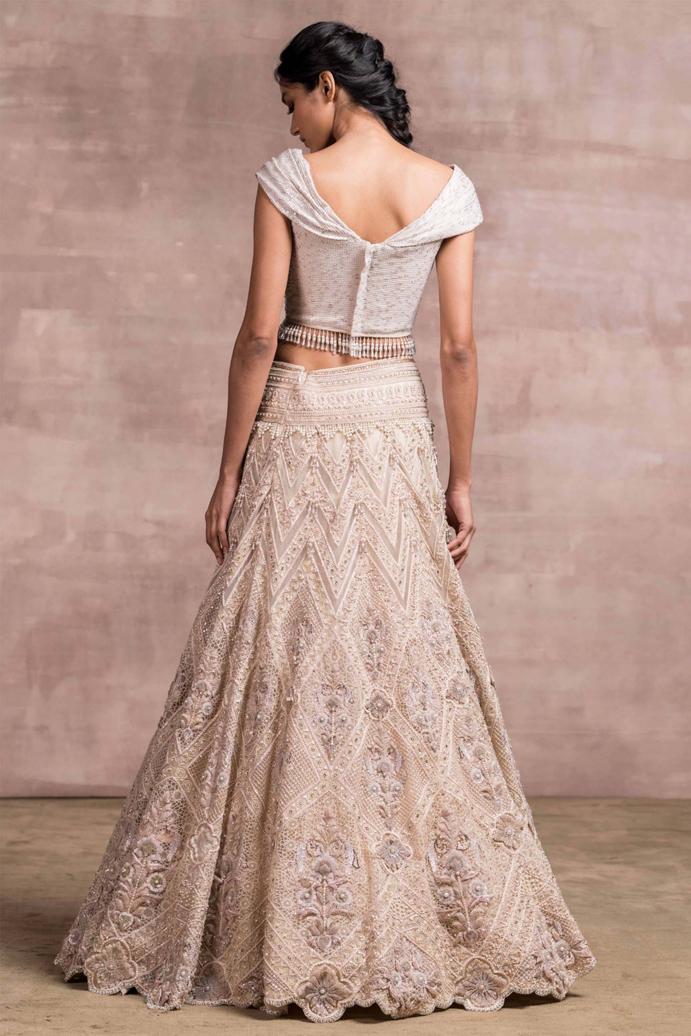 Tarun Tahiliani Lifted Embroidered Lehenga With Boat-Neck Blouse ivory bridal indian wedding designer wear online shopping melange singapore