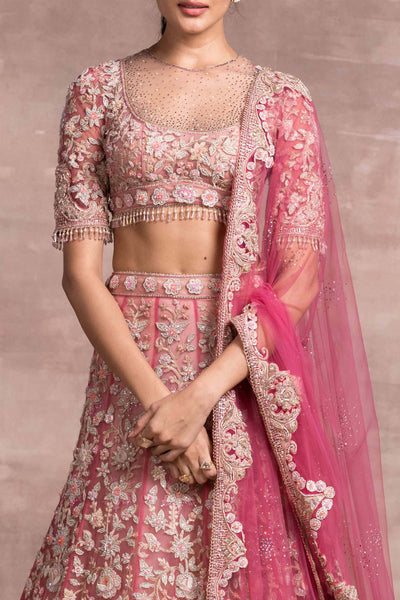 Tarun Tahiliani Lifted Floral-Embroidered Lehenga With Matching Blouse And Dupatta fuchsia pink indian bridal wedding designer wear online shopping melange singapore