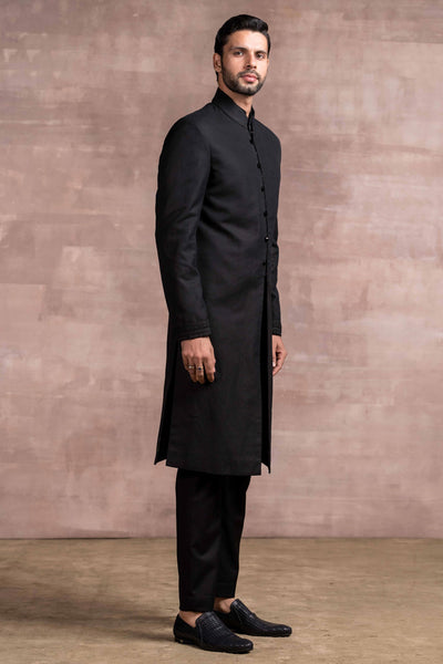 Tarun Tahiliani menswear Linen Sherwani With Braid Detail black mens festive indian designer wear online shopping melange singapore
