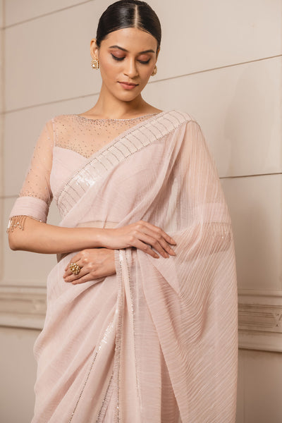 Tarun tahiliani Metallic Gauze Saree With Blouse blush indian designer wear bridal wedding online shopping melange singapore