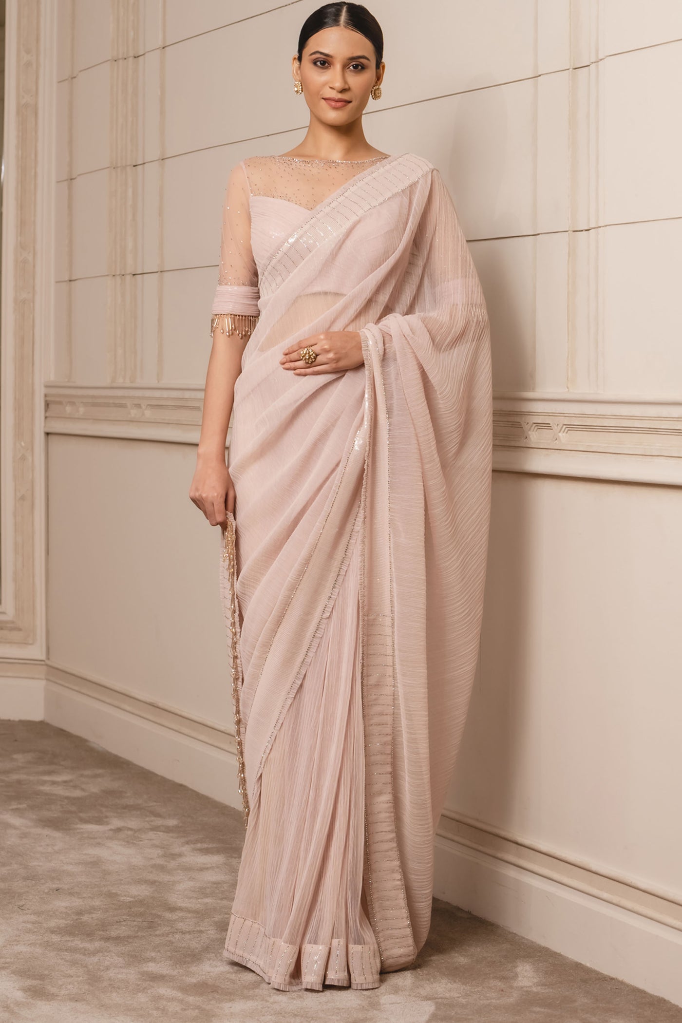 Tarun tahiliani Metallic Gauze Saree With Blouse blush indian designer wear bridal wedding online shopping melange singapore