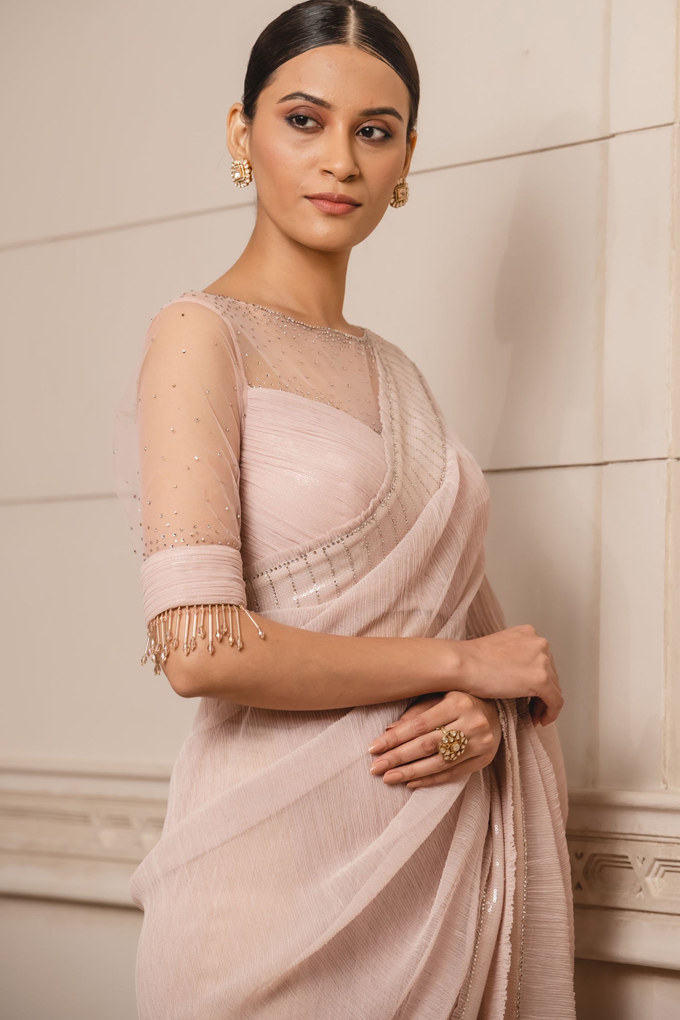 Tarun tahiliani Metallic Gauze Saree With Blouse blush indian designer wear bridal wedding online shopping melange singapore