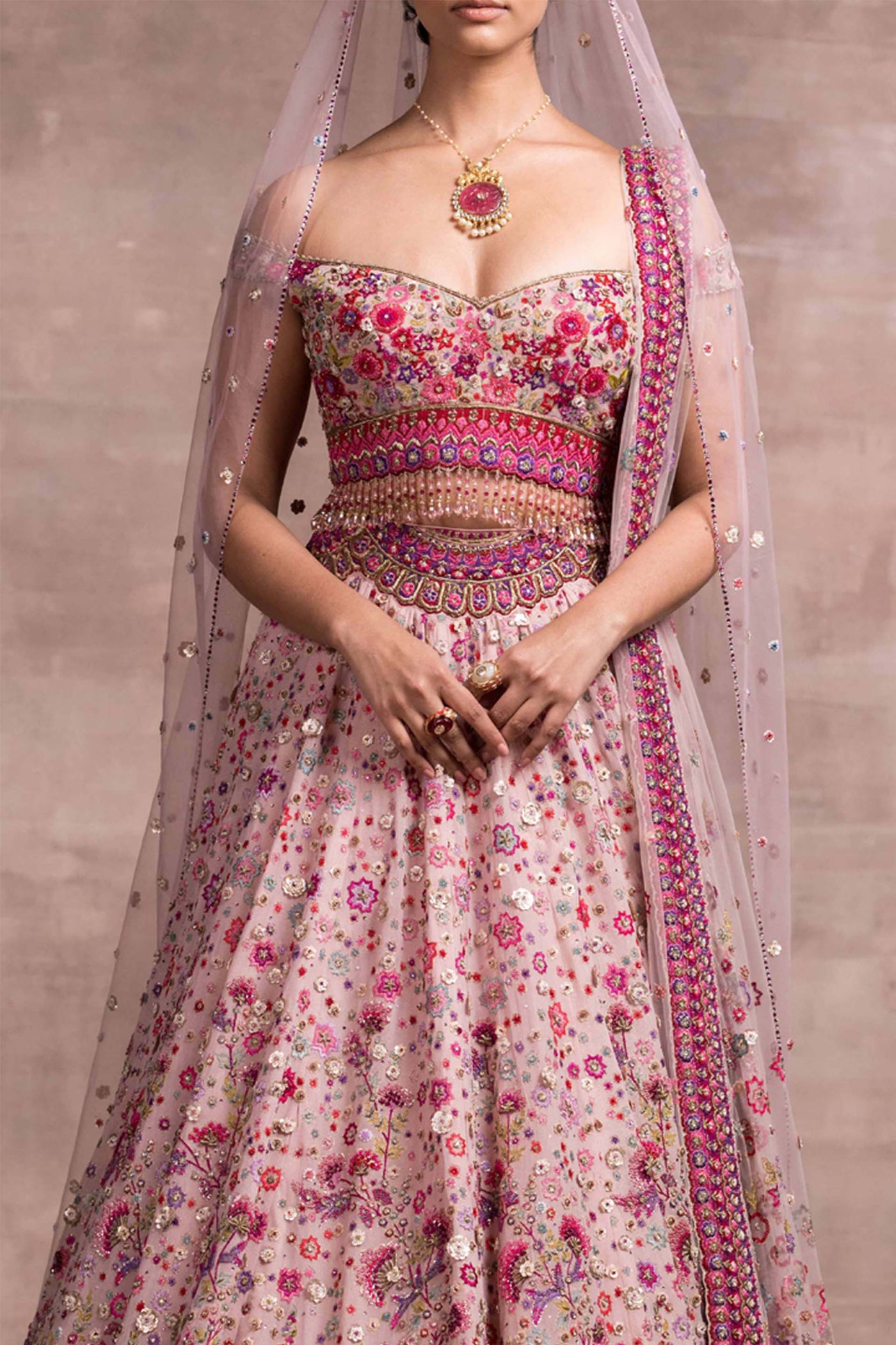 Tarun Tahilaini Multi-Colour Embroidered Lehenga With Matching Blouse pink indian bridal wedding designer wear online shopping melange singapore