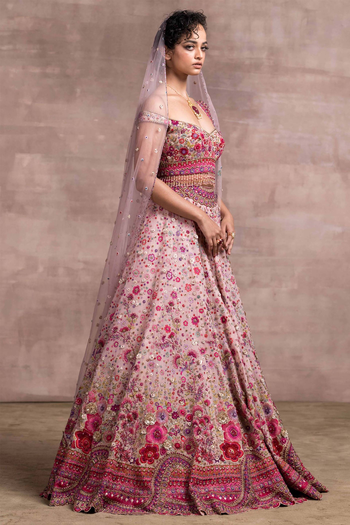 Tarun Tahilaini Multi-Colour Embroidered Lehenga With Matching Blouse pink indian bridal wedding designer wear online shopping melange singapore