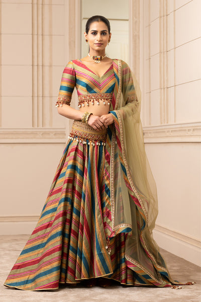 Tarun tahiliani Multicolour Flared Skirt With Embroidered Belt And Blouse olive multicolor festive indian designer wear online shopping melange singapore