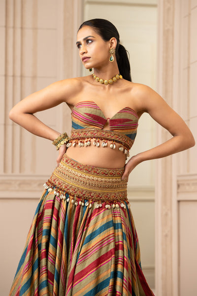 Tarun tahiliani Multicolour Flared Skirt With Embroidered Belt And Bustier olive multicolor festive indian designer wear online shopping melange singapore