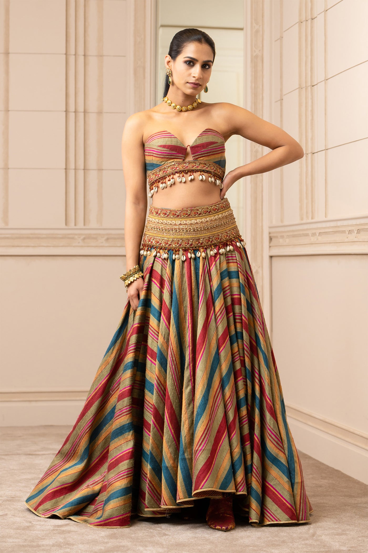 Tarun tahiliani Multicolour Flared Skirt With Embroidered Belt And Bustier olive multicolor festive indian designer wear online shopping melange singapore