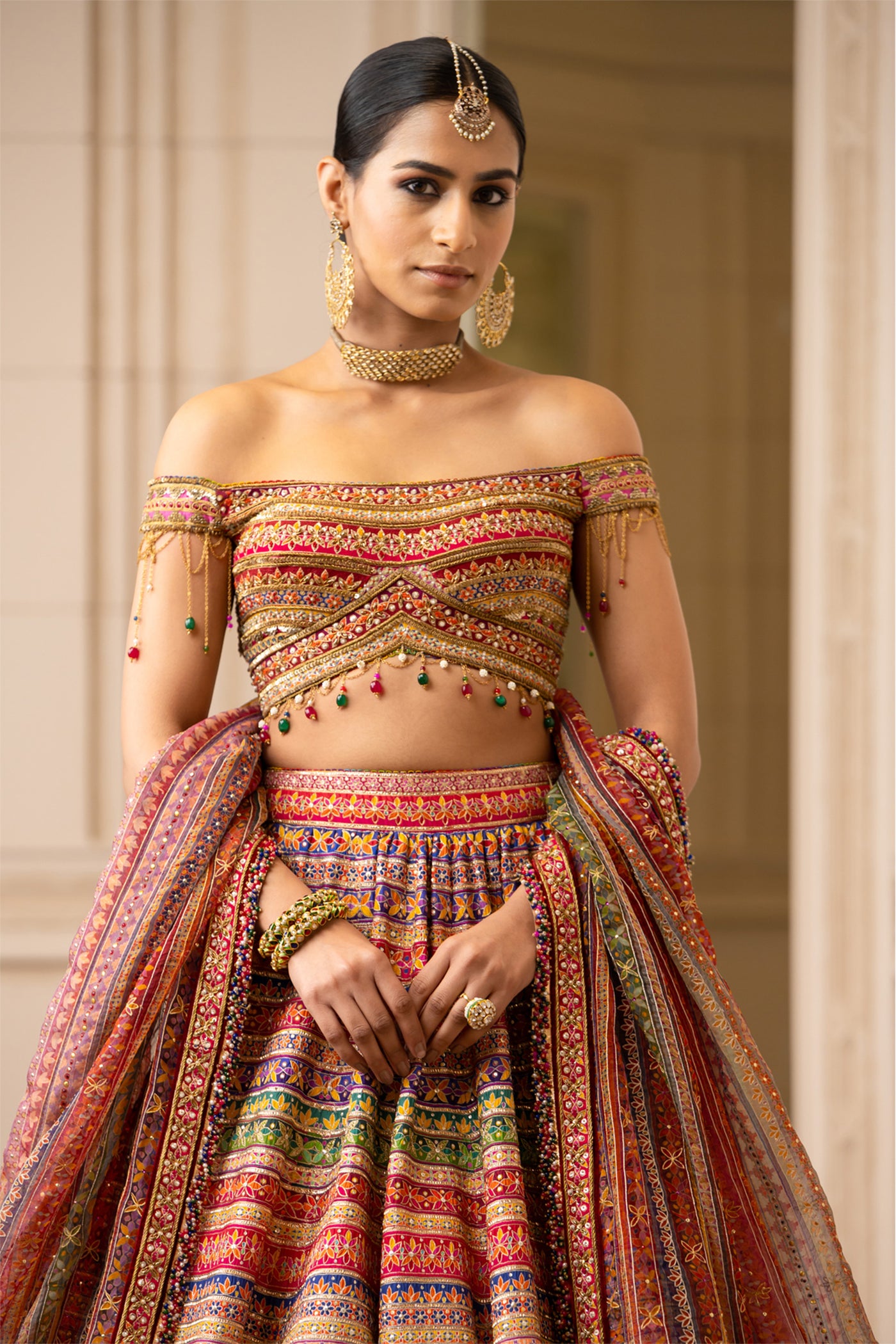 Tarun tahiliani Multicolour Lehenga With Off-Shoulder Blouse wedding bridal indian designer wear online shopping melange singapore